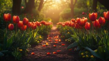 Serene garden path lined with vibrant orange tulips at sunset in a peaceful park. photo