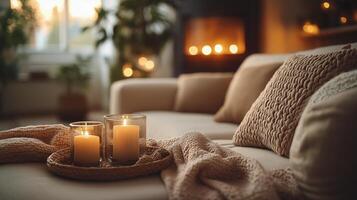 Cozy living room with candles and soft textiles during evening relaxation. photo