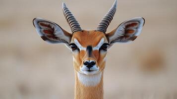 Close-up of a gazelle showcasing its striking features in a natural habitat during daylight hours. photo