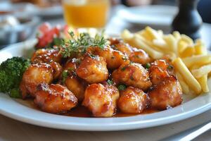 Delicious platter of sweet and sour chicken with broccoli and fries served at a restaurant. photo