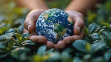 Hands holding a globe surrounded by green leaves representing environmental protection efforts. photo