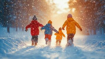 Children play in a snowy landscape during winter sunset in a forest. photo