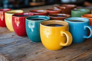 Colorful coffee mugs arranged on a wooden table in a bright cafe setting during the afternoon. photo
