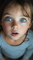 Captivating expression of a child with striking blue eyes looking upwards in natural light. photo