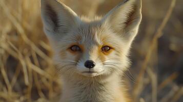 Fox with striking eyes resting in golden grasses during sunset in a natural habitat. photo
