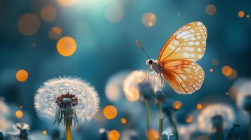 Butterfly resting near dandelion in a serene garden during late afternoon light. photo