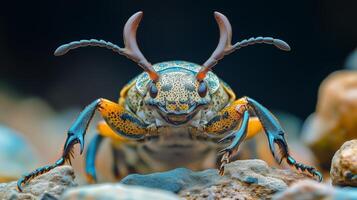 Colorful beetle resting on stones with vibrant patterns and distinct antennae. photo