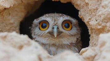 Curious owl peering from a natural rock cavity in daylight. photo