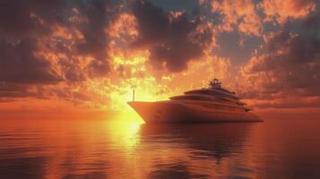 Sunset over calm waters with a luxury yacht silhouetted against vibrant clouds. photo