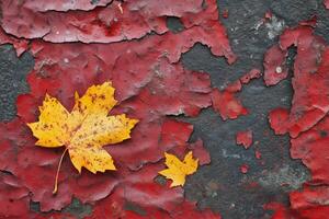 Colorful autumn leaves on peeling red paint reveal nature's beauty in an urban setting. photo