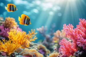 Colorful coral reef teems with tropical fish in vibrant underwater landscape. photo