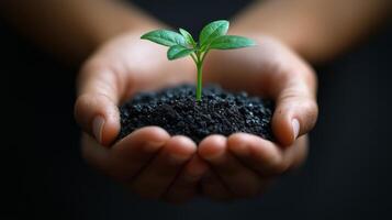 Hands holding young plant emerging from soil in natural setting. photo