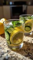 Refreshing cucumber mint lemonade served in clear glasses on a granite countertop. photo