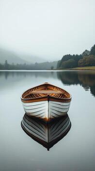 Serene wooden boat floating on calm water surrounded by misty mountains. photo