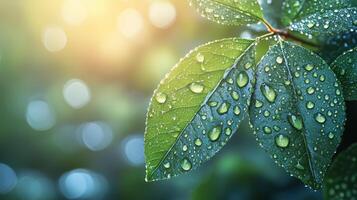 Close up of green leaves surrounded by sunlight and water droplets in a natural setting. photo