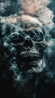 Mysterious skull emerges from swirling smoke in a dark ambiance. photo