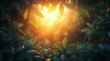 Glowing sunlight filtering through lush green leaves in a serene natural setting at dusk. photo