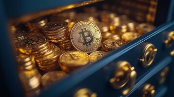 Bitcoin coins stacked in a safe, showcasing cryptocurrency wealth and investment in modern finance. photo