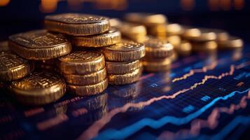 Golden coins stacked on digital trading chart with graphs highlighting market trends in finance. photo