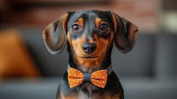 Dog wearing an orange bow tie sits confidently indoors with a cozy background. photo