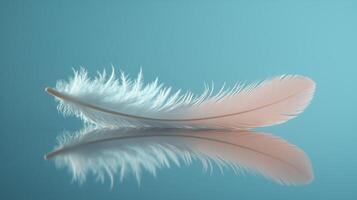 Soft white feather resting on calm blue surface reflecting gentle light. photo