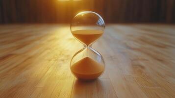 Hourglass symbolizes the passage of time with warm sunlight illuminating wooden floor. photo
