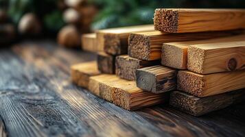 Stacked wooden beams on rustic table showcasing natural textures and colors. photo