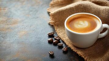 Warm coffee in a white cup surrounded by coffee beans on a textured dark surface. photo