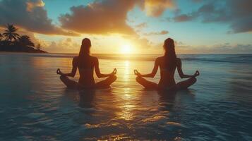 Two individuals practicing yoga on the beach during sunset in a tranquil ocean setting. photo