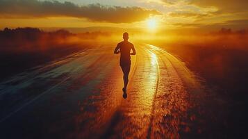 Runner enjoying a sunset jog on a deserted road with vibrant orange and yellow hues in the sky. photo