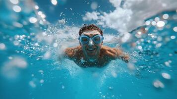 Swimmer enjoying a sunny day underwater in a vibrant blue pool. photo