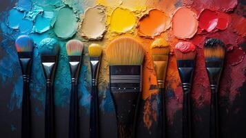 Artistic tools arranged with colorful paint swatches on a dark surface. photo