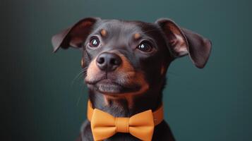 Dog dressed in a yellow bow tie poses elegantly against a dark background. photo