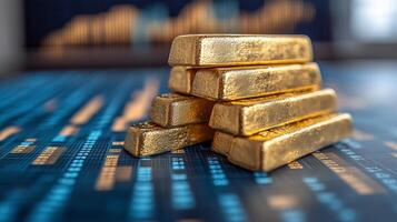 Gold bars stacked on digital trading platform showcasing market trends and value fluctuations. photo
