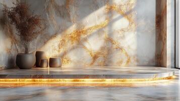 Elegant interior design featuring marble textures and natural light in modern space. photo