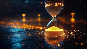 Creative hourglass with glowing particles on a reflective surface at night. photo