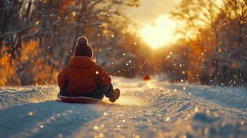 Children enjoying sledding on a snowy path at sunset in a winter landscape. photo