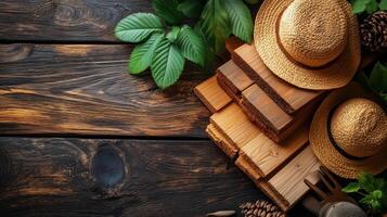Rustic arrangement of wooden planks and straw hats on a dark wooden surface surrounded by greenery. photo