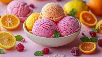 Colorful bowl of refreshing ice cream with fruits on a pink surface in bright lighting. photo