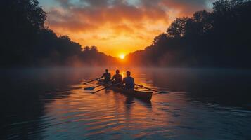 Rowers glide on a tranquil river at sunrise with colorful sky and misty surroundings. photo