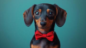 Cute dachshund dog with red bow tie posing against a teal background in a playful manner. photo