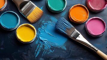 Colorful paint cans and brushes arranged on a textured blue surface with vibrant hues for creative projects. photo