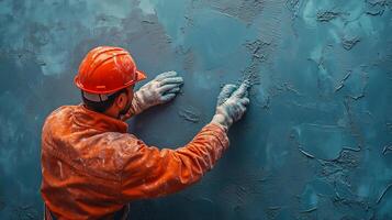 Skilled worker applying texture to blue wall in construction site. photo