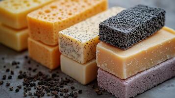 Variety of artisanal handmade soaps displayed on a wooden surface. photo