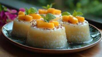 Delicious mango pudding served on a decorative plate with mint leaves at a sunny cafe. photo