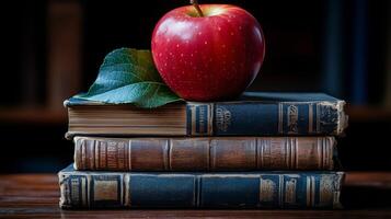 Red apple perched on vintage books in a cozy study setting with soft lighting. photo