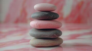 Stacked pebbles resting on a smooth surface with a pink marbled background in a serene setting. photo