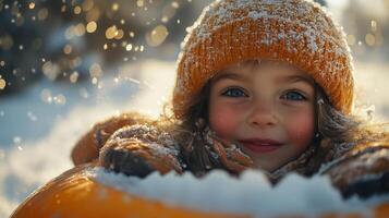 Child enjoys winter fun while tubing on a snowy hill with a bright orange hat during a sunny day. photo
