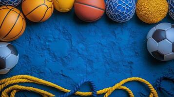 Collection of various sports balls on a vibrant blue textured background. photo
