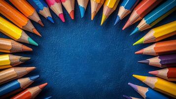 Colorful arrangement of colored pencils on a blue background creating a vibrant frame. photo